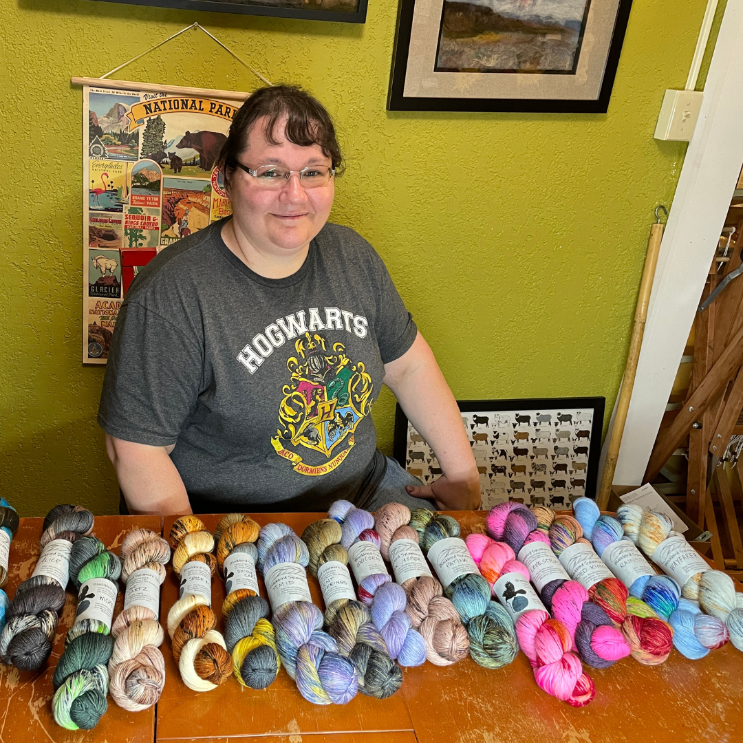 Stephanie, an indie yarn maker from Cheyenne, Wy showing off her new stash.