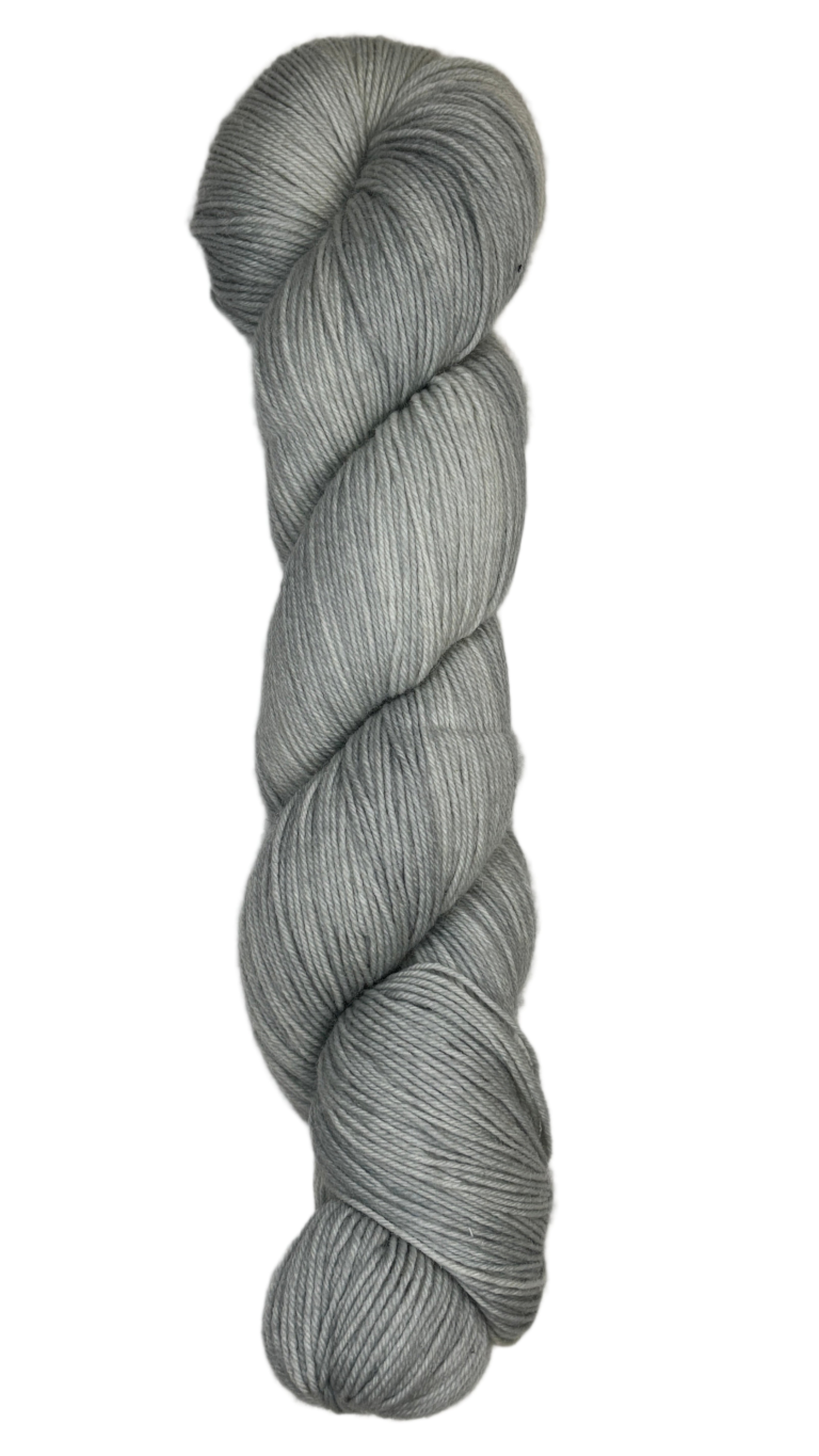 Skein of hand dyed fingering weight yarn in the color grey