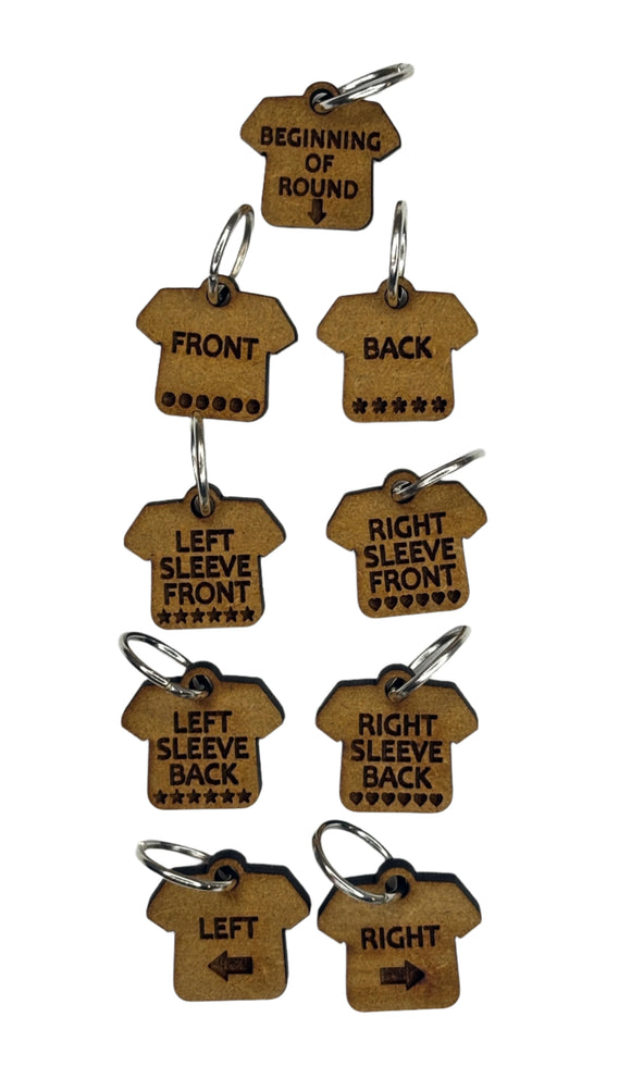 Small wooden stitch markers with engraved words
