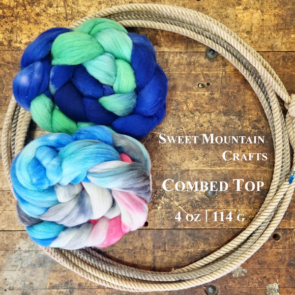 Sweet Mountain Craft Polwarth Combed Top Braid color blue green white black pink