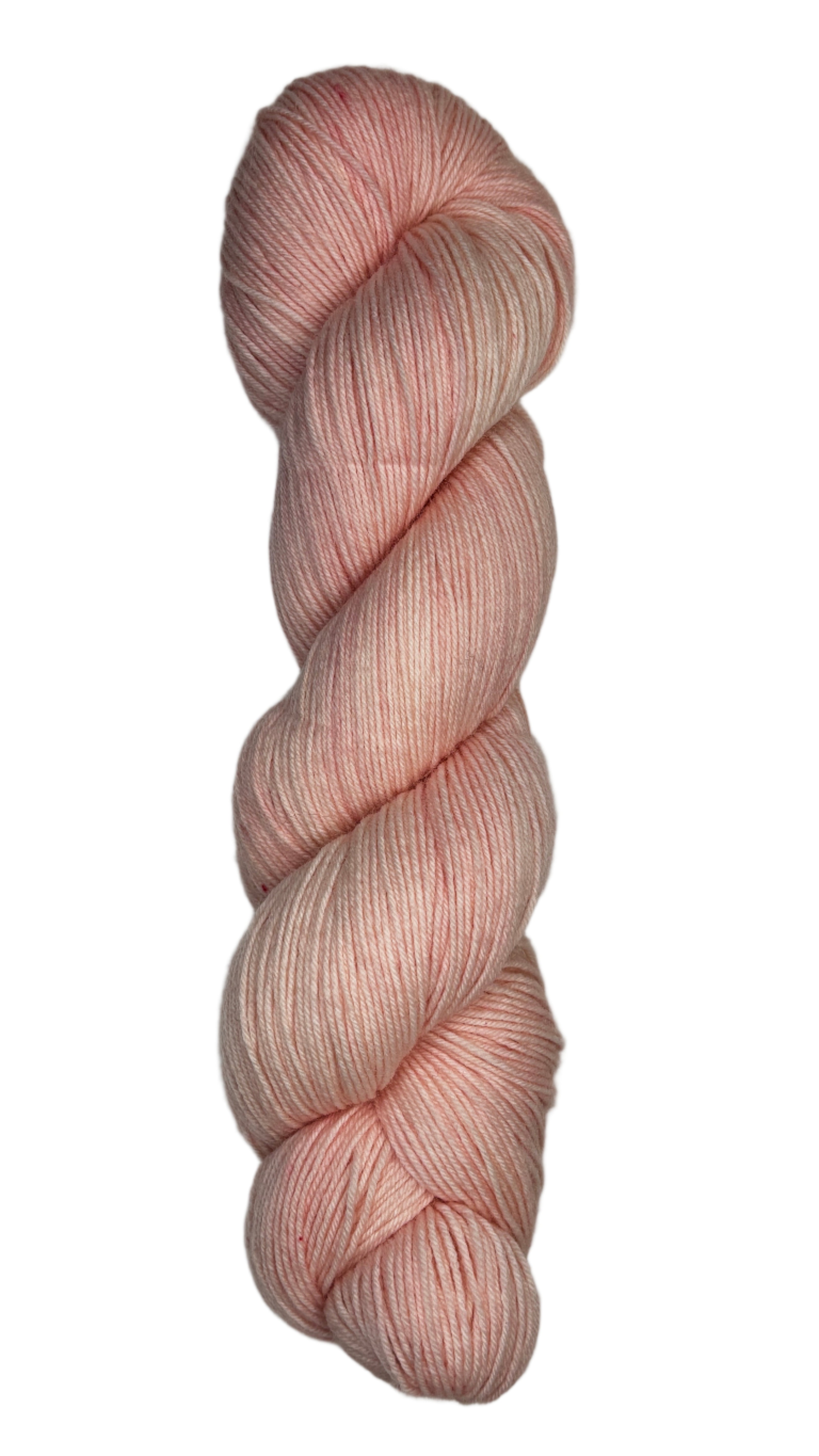 Skein of hand dyed fingering weight yarn in the color light pink