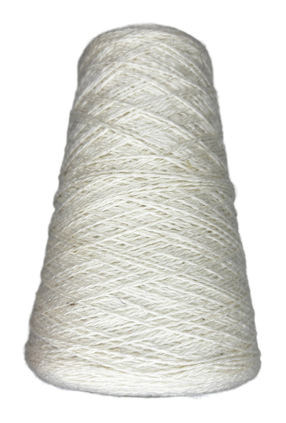 A cone of handspun wool yarn in the color natural white