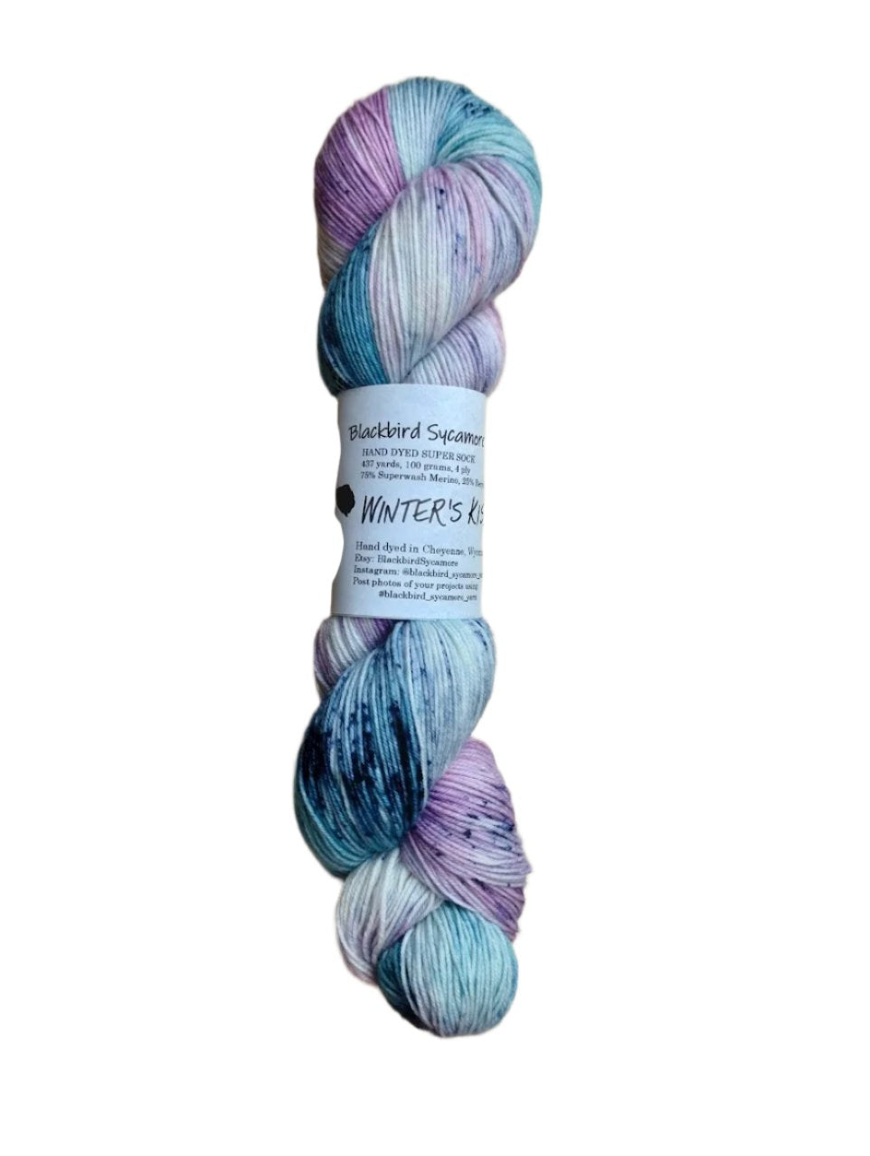 A skein of hand-dyed fingering/sock yarn color pastel pink blue purple navy speckles