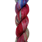 A skein of hand-dyed fingering/sock yarn color brown blue red green purple 