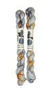 Two mini skeins of wool yarn hand dyed in Wyoming in the color grey blue orange speckles