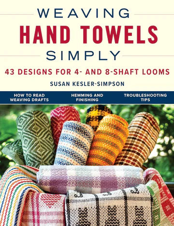 The cover of the book- the top half of the cover has the title, "Weaving Hand Towels Simply: 43 Designs for 4- and - Shaft Looms" and a photo of handtowels made with patterns from the book.