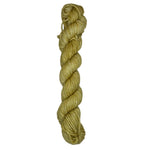 A skein of dark tone yellow yarn on a white background