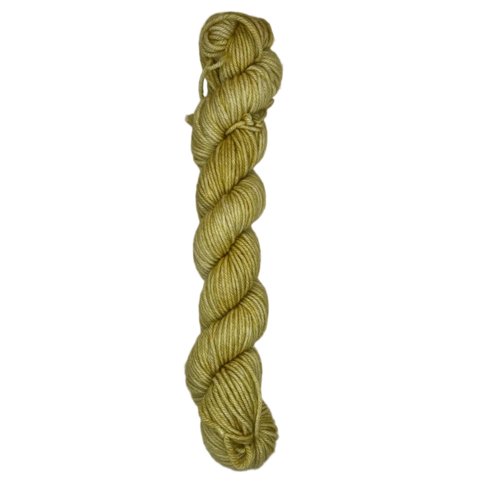 A skein of dark tone yellow yarn on a white background
