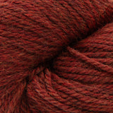 A close-up of thick, twisted yarn in a rich rust red color, showing the fuzzy texture of the fibers.