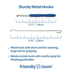 Sturdy metal hooks with measurements and description on a white background, featuring the Friendly Loom brand.