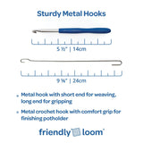 Sturdy metal hooks with measurements and description on a white background, featuring the Friendly Loom brand.