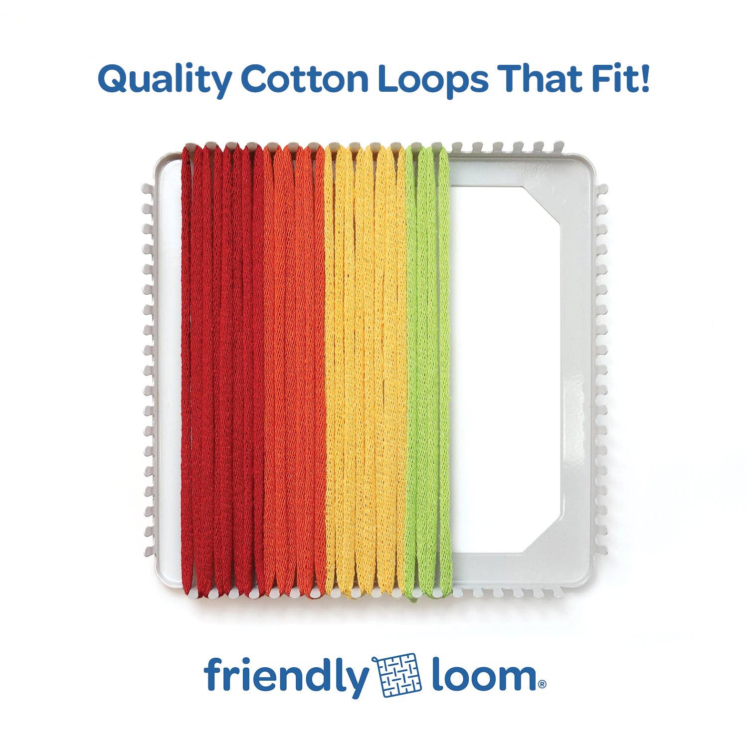 Colorful cotton loops on a white frame with 'friendly loom' branding.