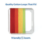 Colorful cotton loops on a white frame with 'friendly loom' branding.