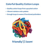 Colorful cotton loops with text about quality and upcycling, branded as friendly loom.