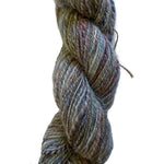 A twisted skein of variegated yarn in muted earthy tones of gray, beige, brown, and hints of blue and purple, photographed on a plain off-white background.