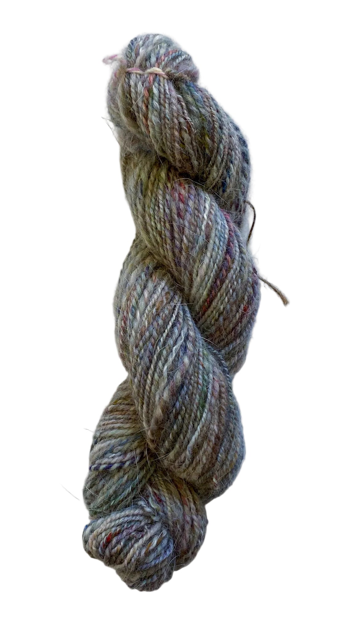 A twisted skein of variegated yarn in muted earthy tones of gray, beige, brown, and hints of blue and purple, photographed on a plain off-white background.