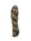 A twisted hank of fuzzy, soft yarn in a warm taupe-gray color, photographed vertically against a plain off-white background.