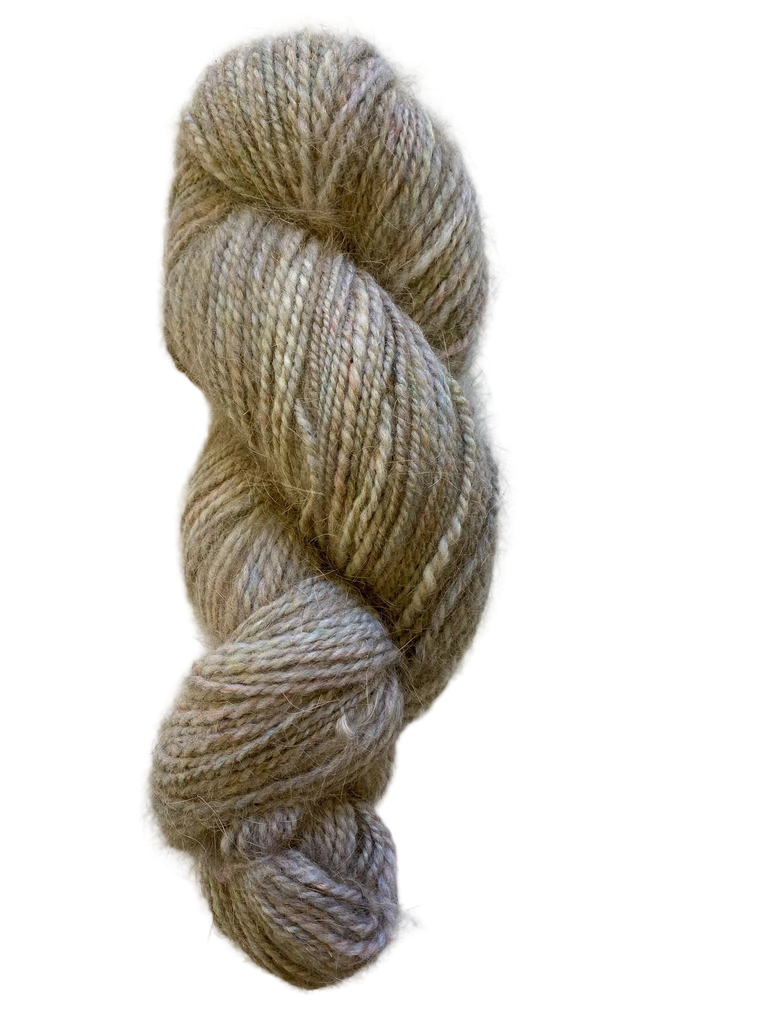 A single skein of soft, twisted yarn in a heathered blend of beige, taupe, and light brown tones, photographed against a plain white background.