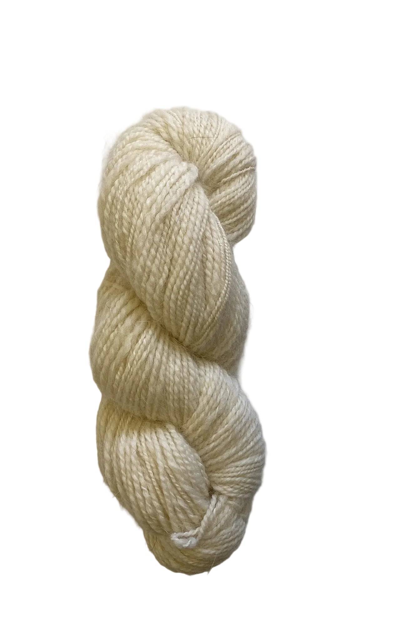 A single skein of cream-colored yarn with a soft, natural texture, photographed on a clean white background.