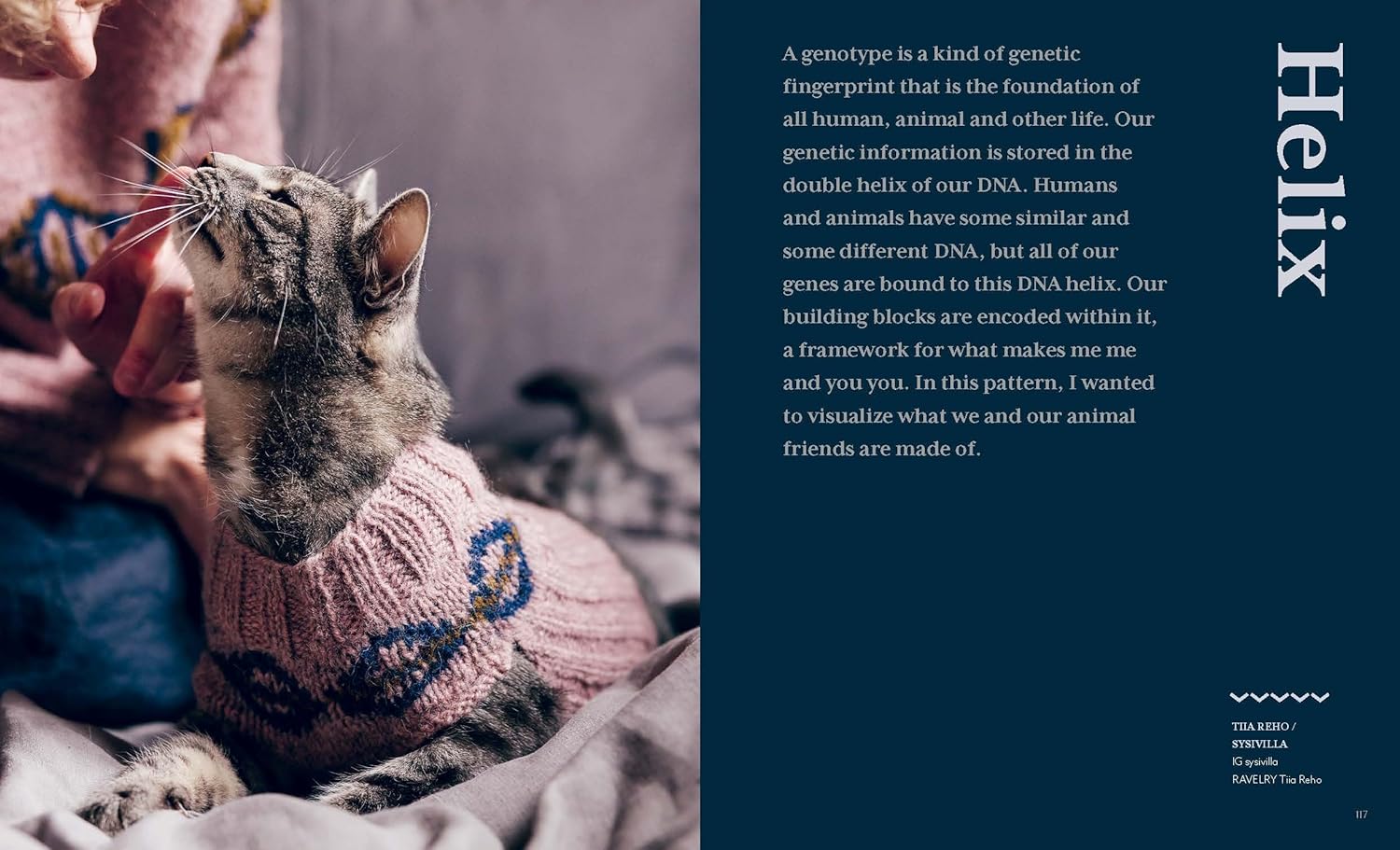 Woman and cat wearing mathcing pink sweaters with text on a blue background