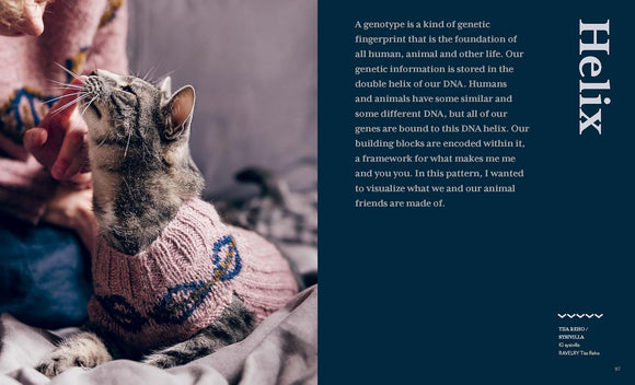 Woman and cat wearing mathcing pink sweaters with text on a blue background