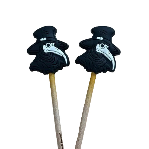 Two black and white plague doctor-themed stitch stoppers on wooden needles