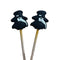 Two black and white plague doctor-themed stitch stoppers on wooden needles
