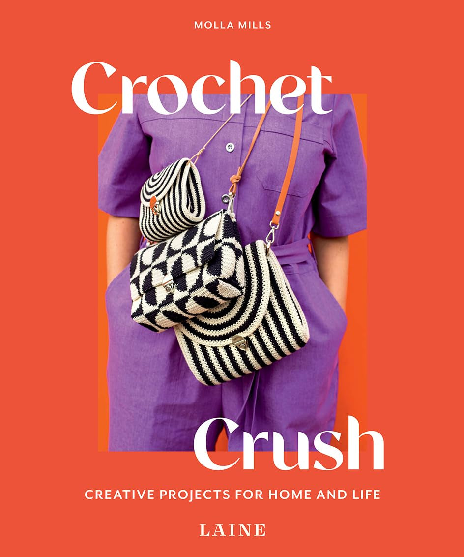 Book cover of 'Crochet Crush' with a person holding crochet bags against an orange background