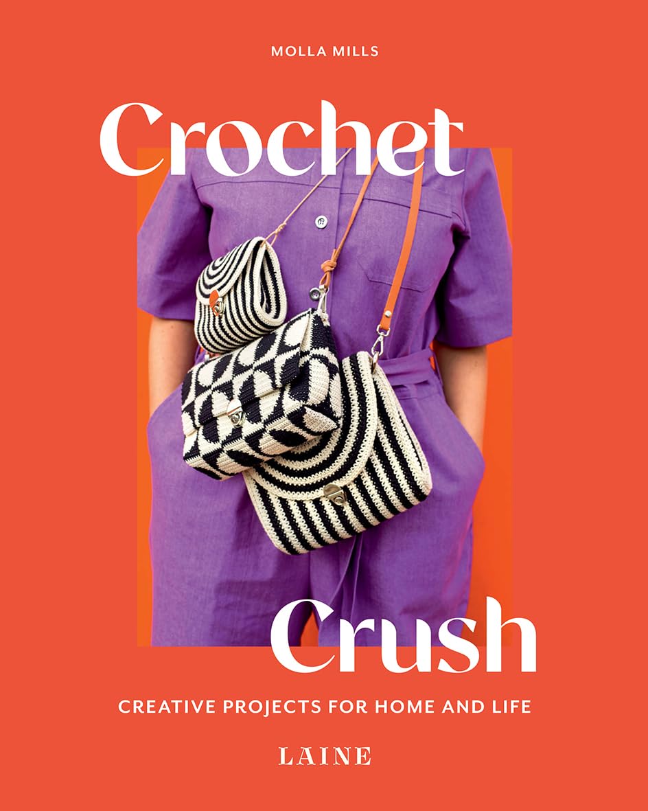 Book cover of 'Crochet Crush' with a person holding crochet bags against an orange background