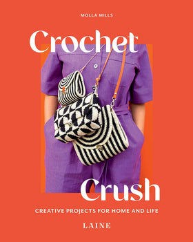 Book cover of 'Crochet Crush' with a person holding crochet bags against an orange background