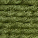 A close-up of olive green twisted yarn or thread strands stacked horizontally, filling the entire frame.