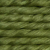A close-up of olive green twisted yarn or thread strands stacked horizontally, filling the entire frame.
