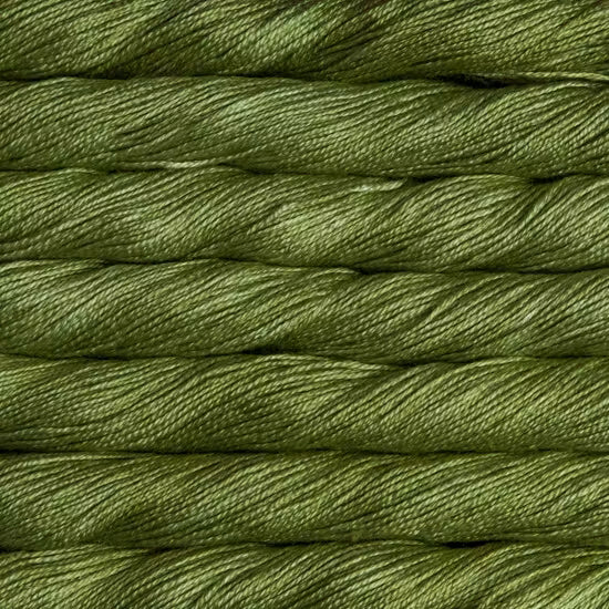 A close-up of olive green twisted yarn or thread strands stacked horizontally, filling the entire frame.
