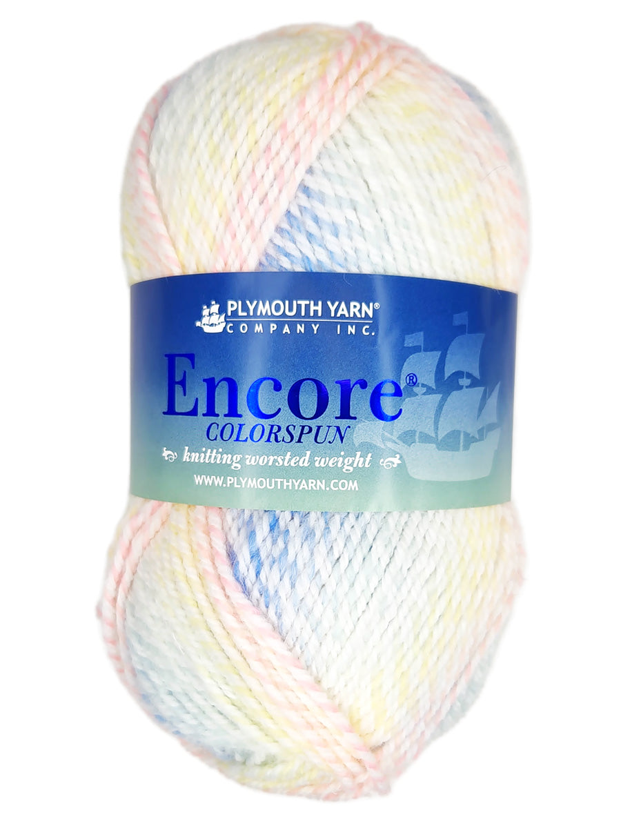 A pink, yellow, and blue skein of Plymouth Encore Colorspun yarn