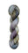 A skein of hand-dyed fingering/sock yarn color white grey tan blue purple black speckles