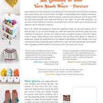 Back cover of book on managing yarn stash with images of knitted items and text.