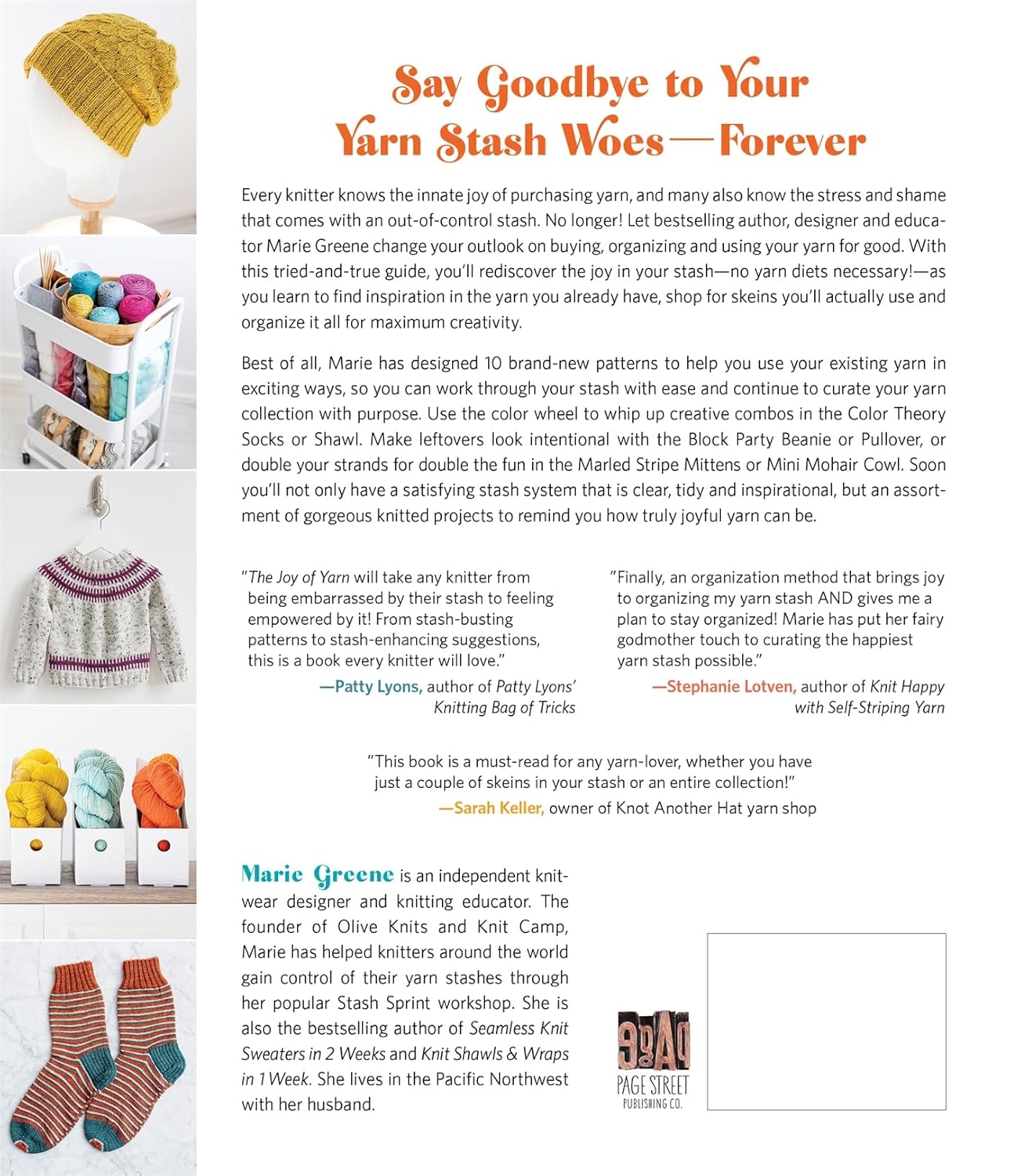 Back cover of book on managing yarn stash with images of knitted items and text.
