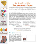 Back cover of book on managing yarn stash with images of knitted items and text.