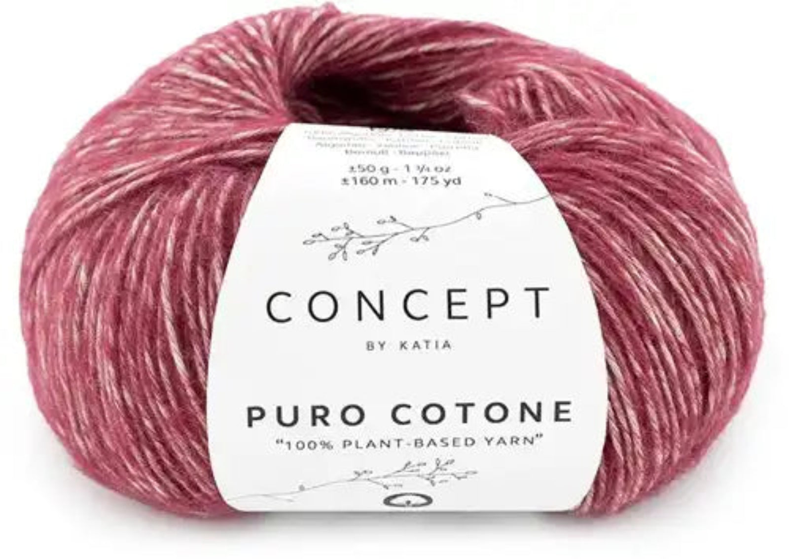 Ball of light red yarn with a 'Concept by Katia' label on a white background