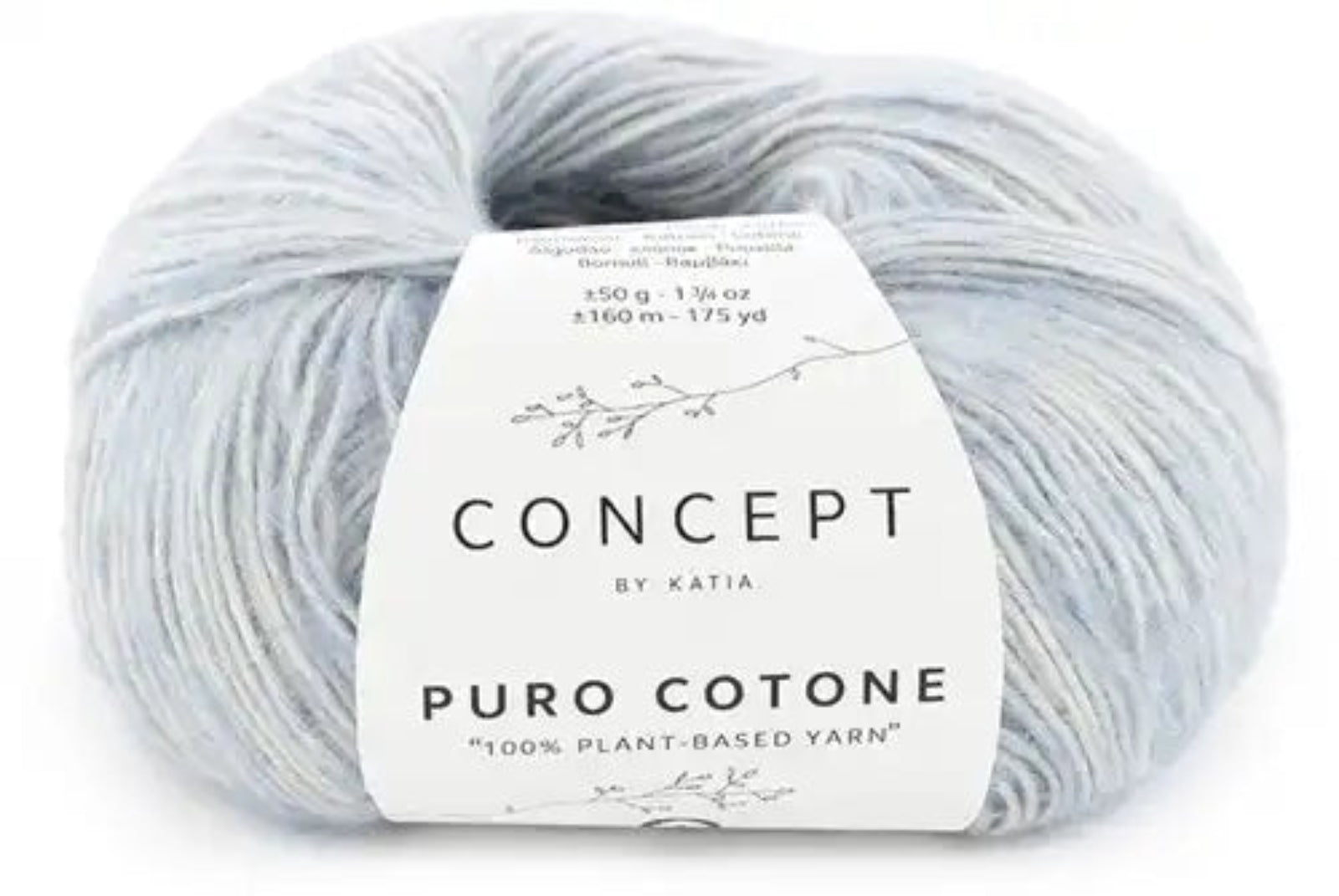 Ball of light icy blue yarn with 'Concept by Katia' label on a white background