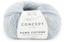 Ball of light icy blue yarn with 'Concept by Katia' label on a white background