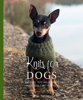Dog wearing a green knitted sweater with 'Knits for Dogs' text on a natural background