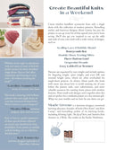 Knitting pattern book with text and images of knitted items on a white background