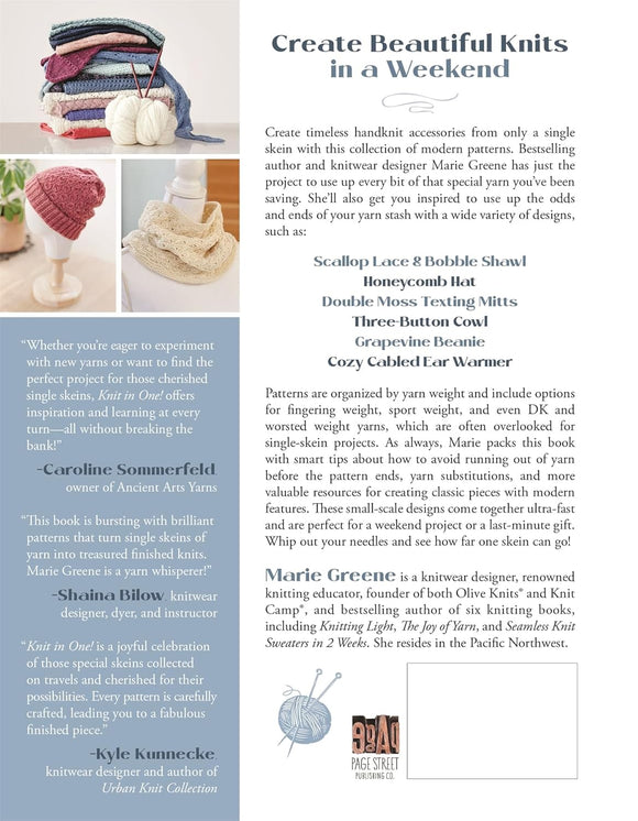 Knitting pattern book with text and images of knitted items on a white background