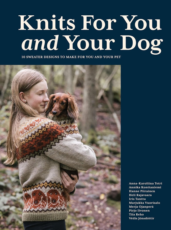 Book cover of 'Knits For You and Your Dog' with a woman holding a dog wearing a matching sweater.