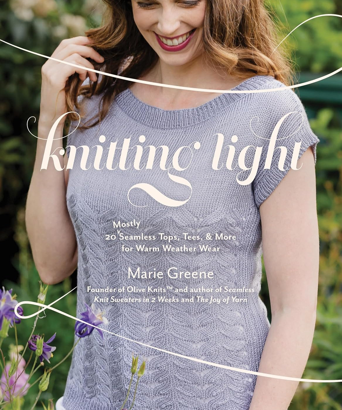 Book cover of 'Knitting Light' with a woman wearing a knitted top outdoors.