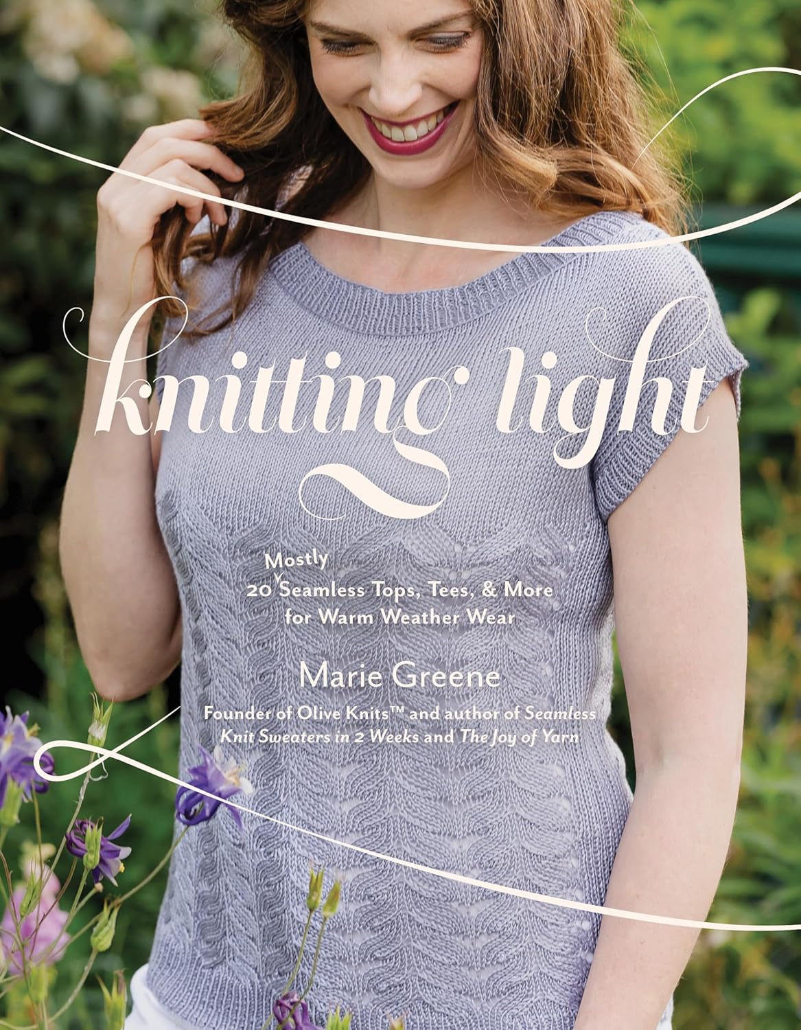 Book cover of 'Knitting Light' with a woman wearing a knitted top outdoors.