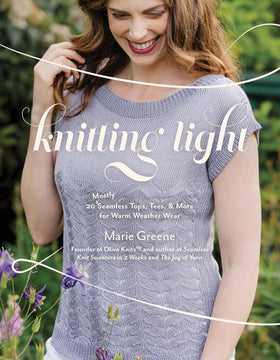 Book cover of 'Knitting Light' with a woman wearing a knitted top outdoors.