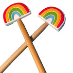 Two wooden knitting needles with rainbow-shaped ends 