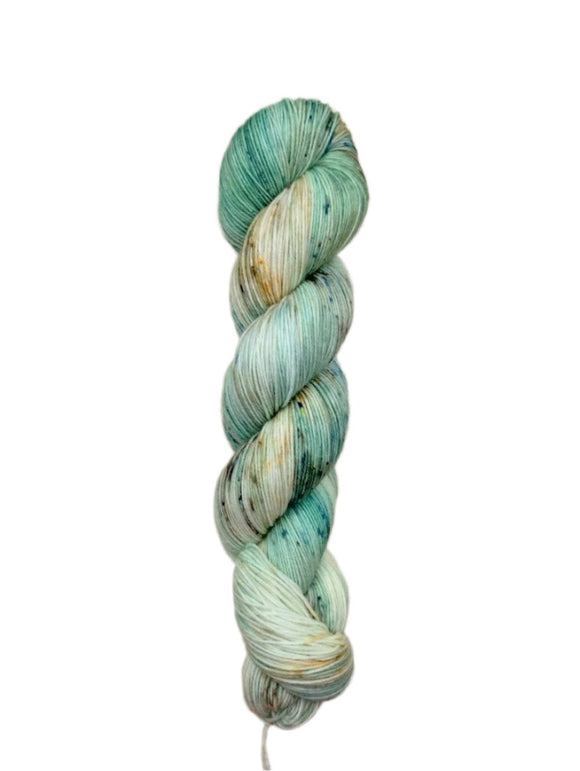 Blackbird Sycamore Fingering Mini Skein Yarn Color mint green beige grey green orange speckles